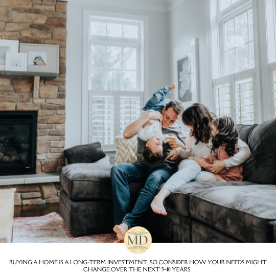 Buying a home is a long-term investment, so consider how your needs might change over the next 5–10 years.
