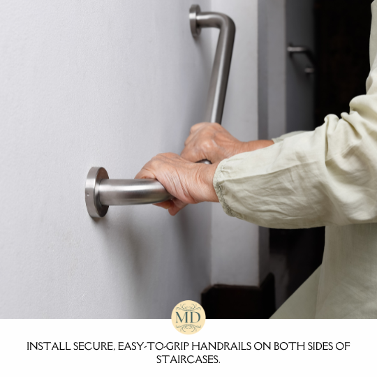 Install secure, easy-to-grip handrails on both sides of staircases.