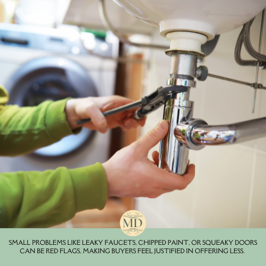 Small problems like leaky faucets, chipped paint, or squeaking doors can be red flags. Making buyers feel justified in offering less.