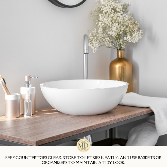 Keep countertops clear, store toiletries neatly, and use baskets or organizers to maintain a tidy look.