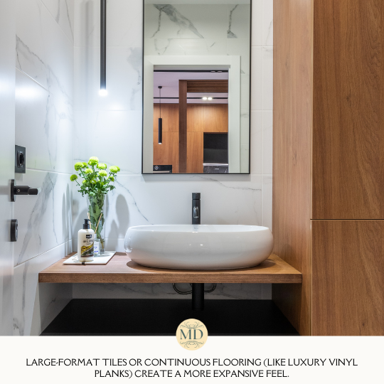 Large-format tiles or continuous flooring (like luxury vinyl planks) create a more expansive feel.