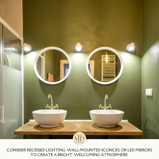 Consider recessed lighting, wall-mounted sconces, or LED mirrors to create a bright, welcoming atmosphere.