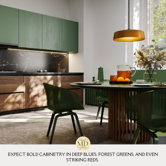 Expect bold cabinetry in deep blues, forest greens, and even striking reds.