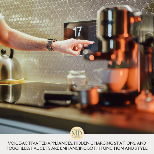 Voice-activated appliances, hidden charging stations, and touchless faucets are enhancing both function and style.