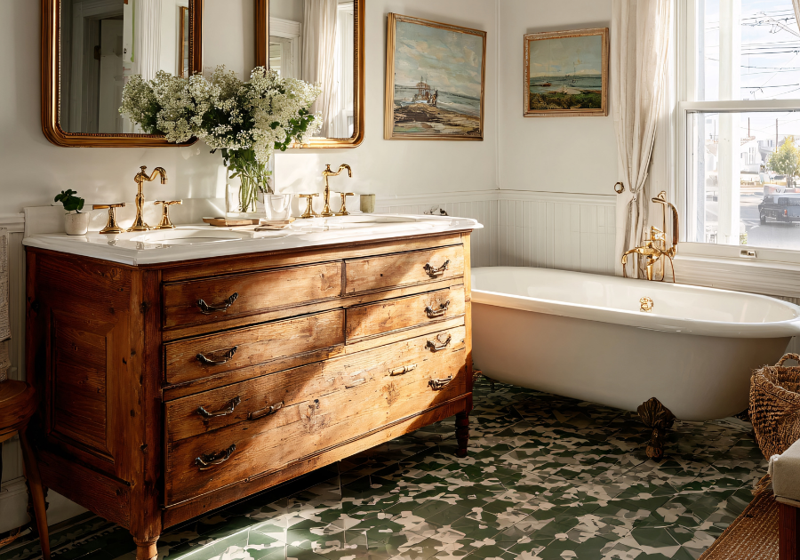 Bathroom with warm white walls, antique wood vanity, brass fixtures, and vintage character.