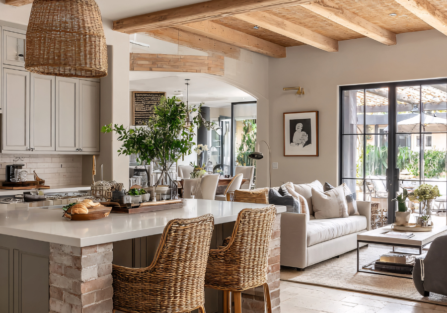 Updated kitchen with farmhouse wood details on ceiling