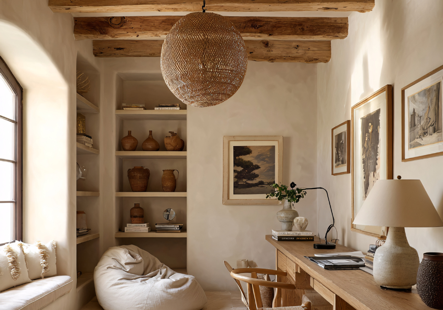 Soft cream walls and natural wood accents in a cozy historic-inspired home office.