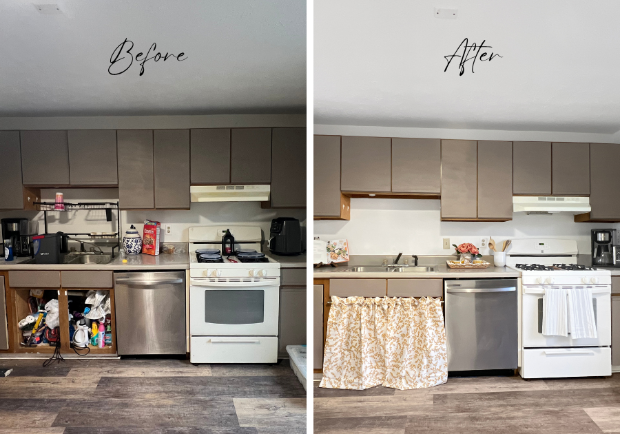 Before and after outdated kitchen that has professional home staging.