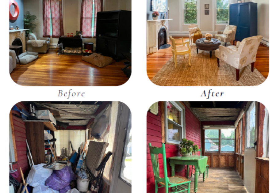 Before After living room and porch professional home staging