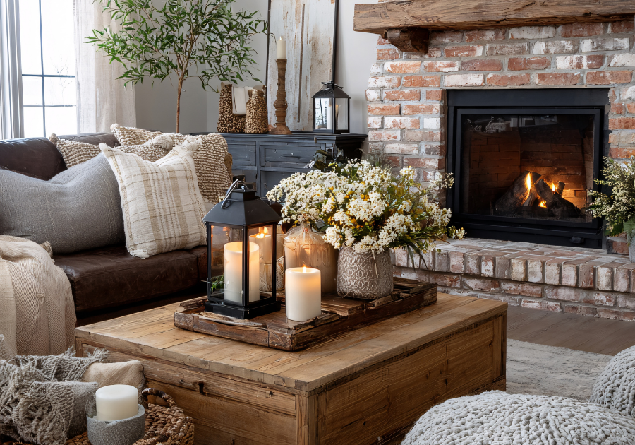 Farmhouse style decor with old brick fireplace and wooden mantel